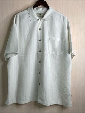 Island Shores Men’s Short Sleeve Button-Up Camp Shirt Casual Beige Stripe XXL